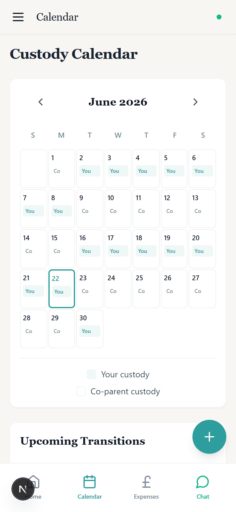 Graham custody calendar on mobile — who has the kids each day