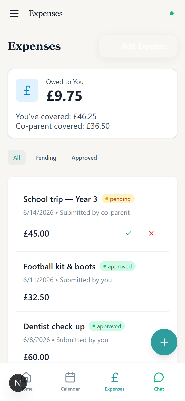 Graham expenses on mobile — shared costs, balance and approvals