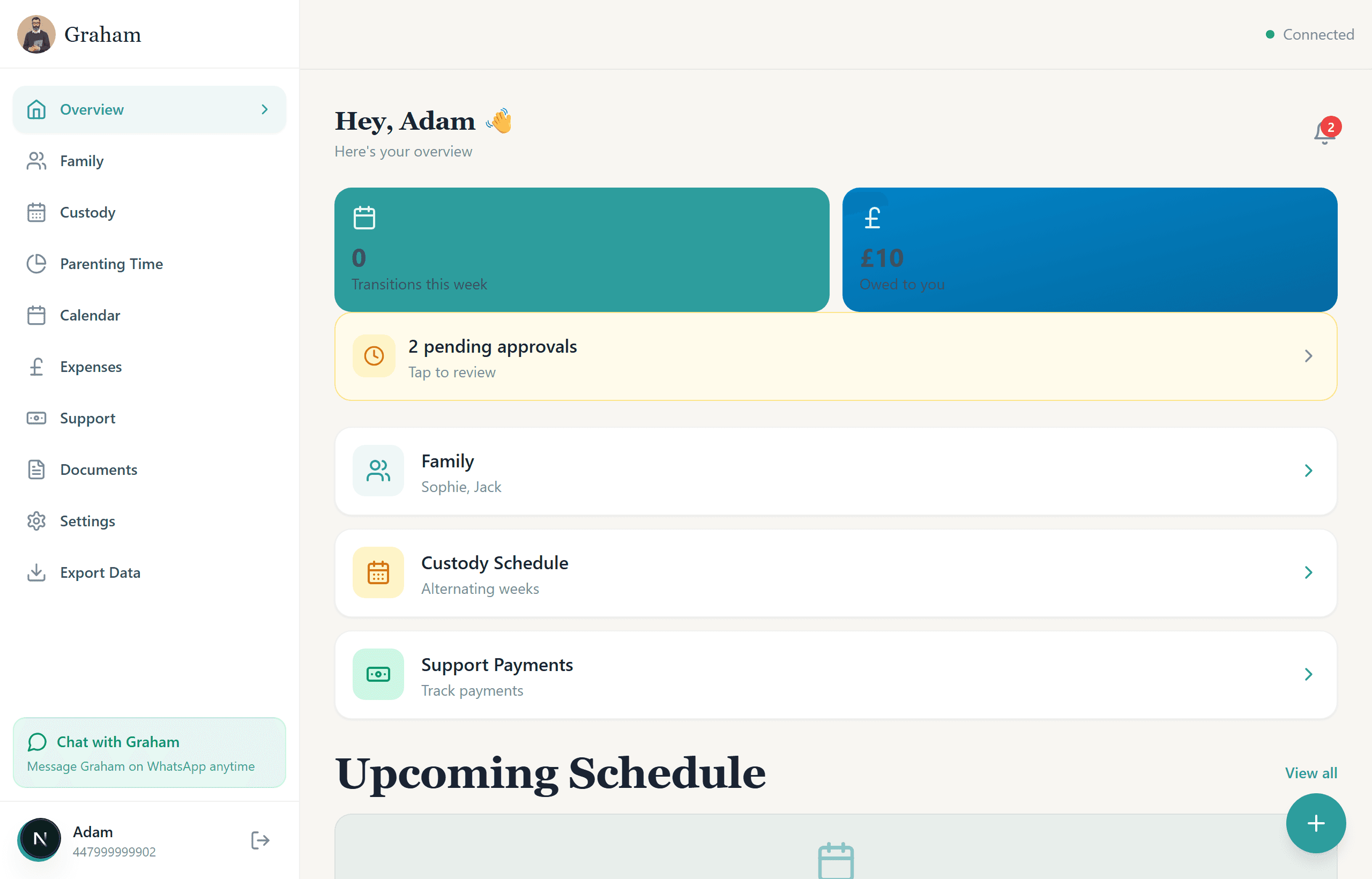 Graham shared dashboard — children, custody calendar, shared expenses and what's coming up for both parents
